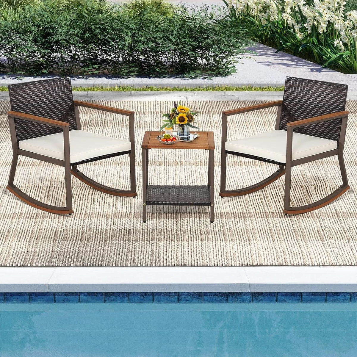Three Piece Rocking Bistro Set With Cushions And Coffee Table For Outdoor Rattan Patio Off White from PriceLows™
