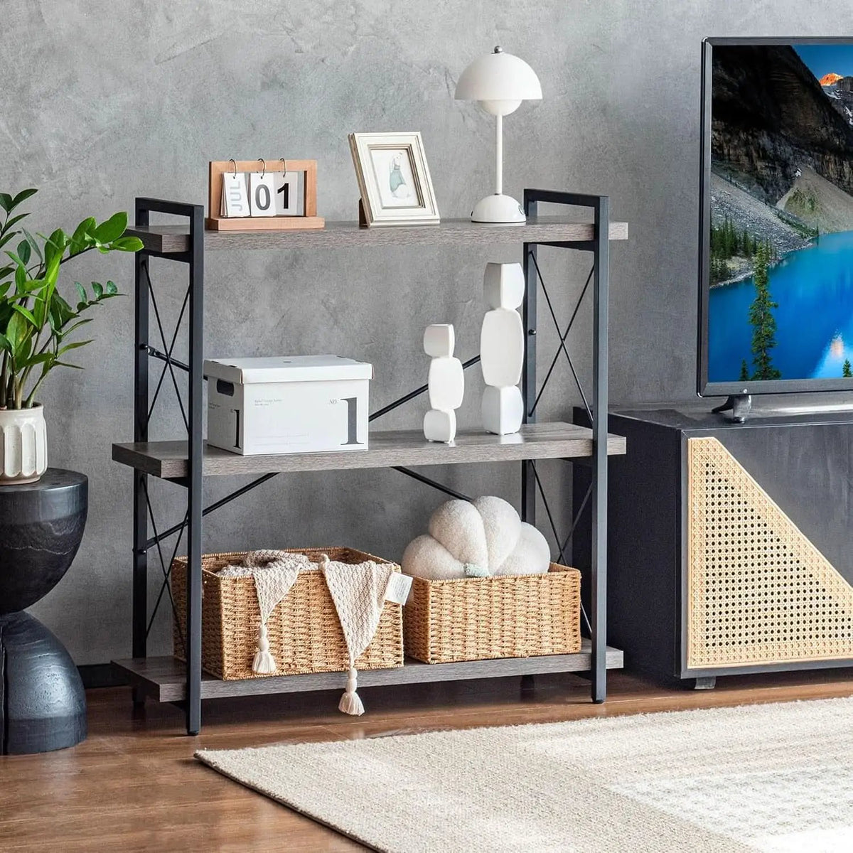 Three Tier Industrial Bookshelf With Rustic Open Metal Frame from PriceLows™