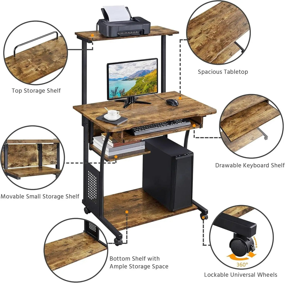 Three Tier Rolling Computer Desk with Keyboard Tray from PriceLows™