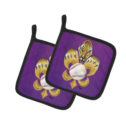 Pot Holder Set of 2 | Heat Resistant Quilted Hot Pads | 7.5 x 7.5 Inch | Tiger Fleur de Lis Baseball