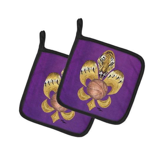 Pot Holder Set of 2 | Heat Resistant Quilted Hot Pads | 7.5 x 7.5 Inch | Tiger Fleur de Lis Basketball