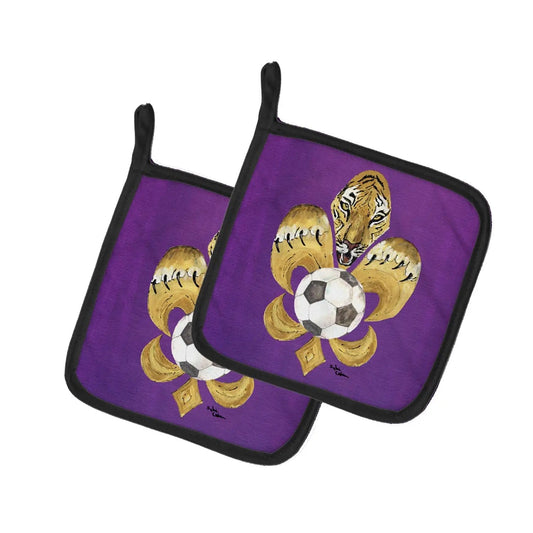 Pot Holder Set of 2 | Heat Resistant Quilted Hot Pads | 7.5 x 7.5 Inch | Tiger Fleur de lis Soccer