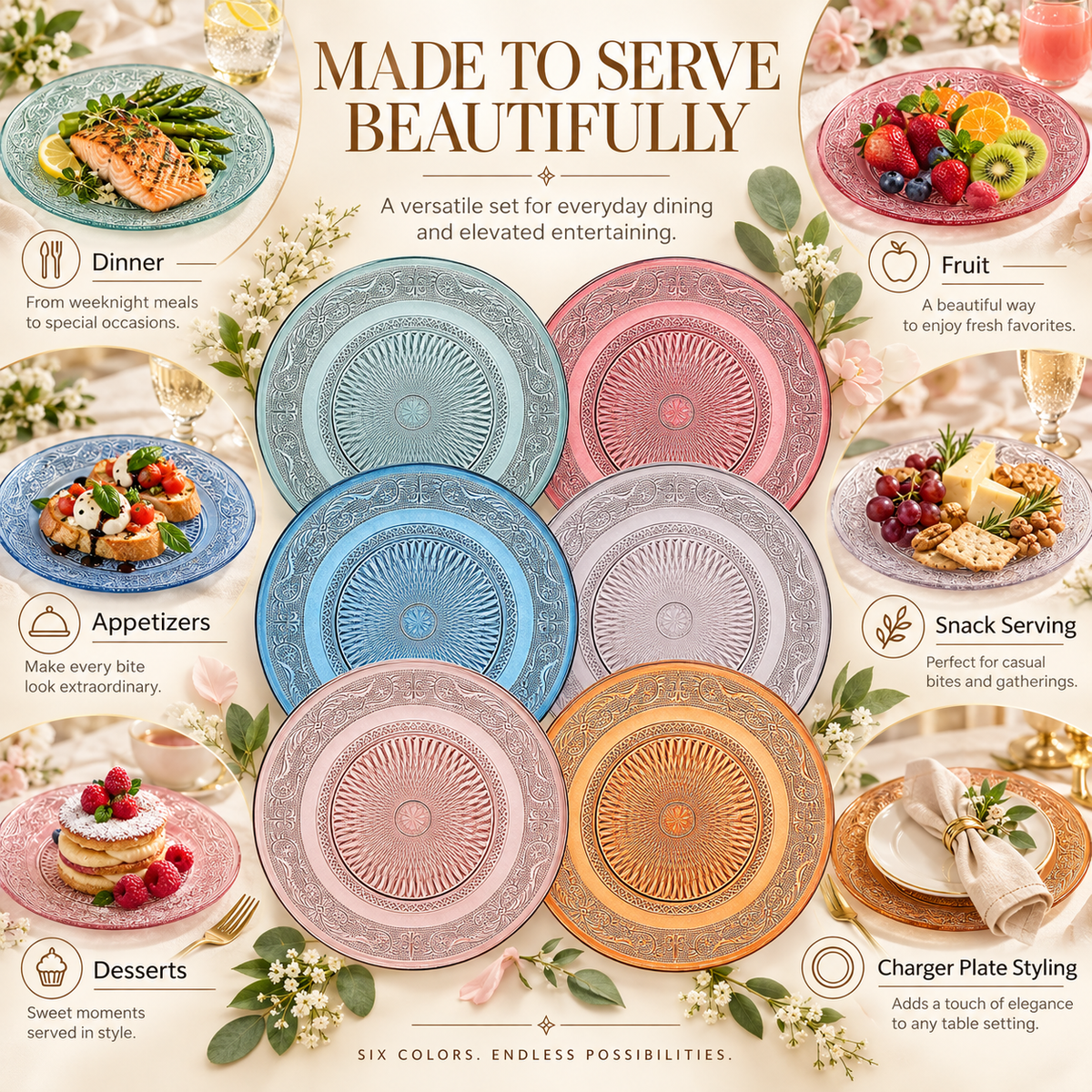 Tonal Vintage Glass Plate Set | Set Of 6