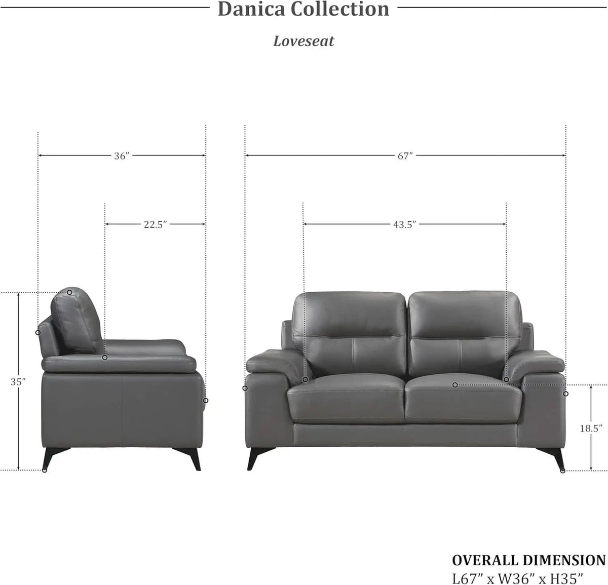 Top Grain Leather Two Piece Living Room Sofa Set Dark Gray from PriceLows™