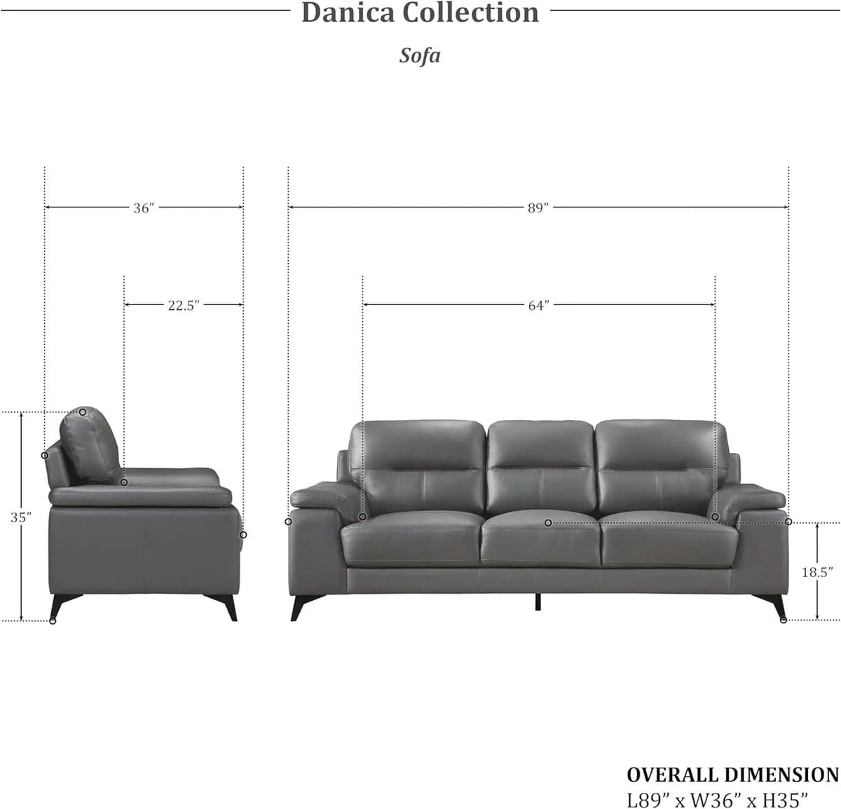 Top Grain Leather Two Piece Living Room Sofa Set Dark Gray from PriceLows™
