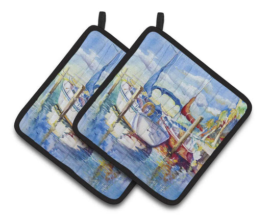 Pot Holder Set of 2 | Heat Resistant Quilted Hot Pads | 7.5 x 7.5 Inch | Towering Q Sailboats