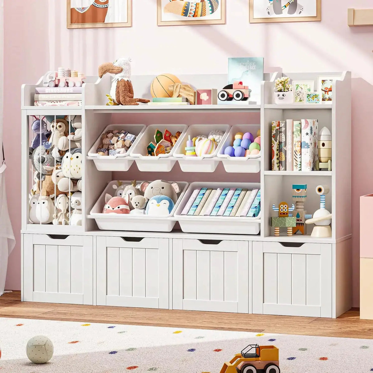 Kids Toy Organizer with 3 Movable Drawers, Multi-Functional Storage Cabinet Bookcase with 6 Toy Bins for Room, White from PriceLows™
