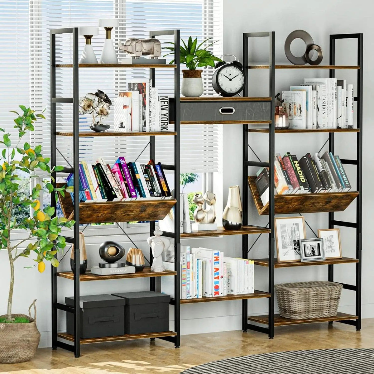 Triple Wide Five Tier Bookshelf Rustic Brown Finish from PriceLows™