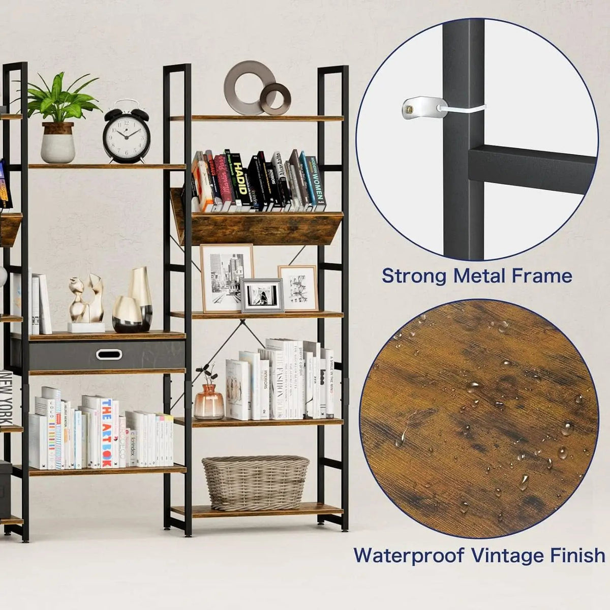 Triple Wide Five Tier Bookshelf Rustic Brown Finish from PriceLows™