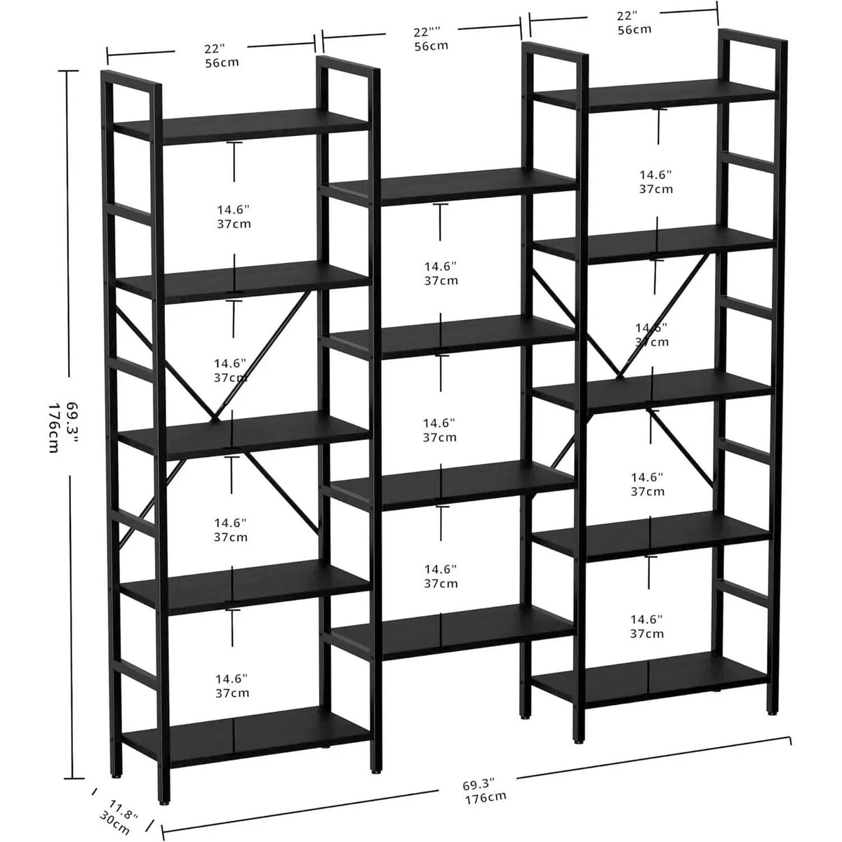 Triple Wide Industrial Bookshelf With Metal Frame 14 Open Shelves from PriceLows™