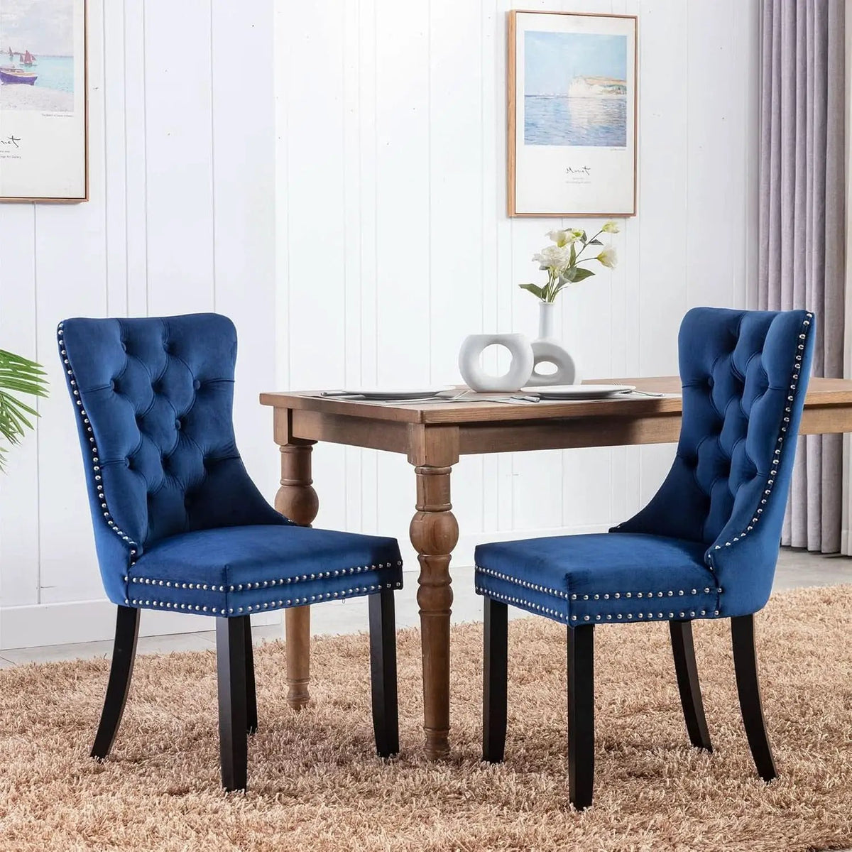 Tufted Velvet Dining Chairs Set of 4 Blue With Nailhead Back from PriceLows™