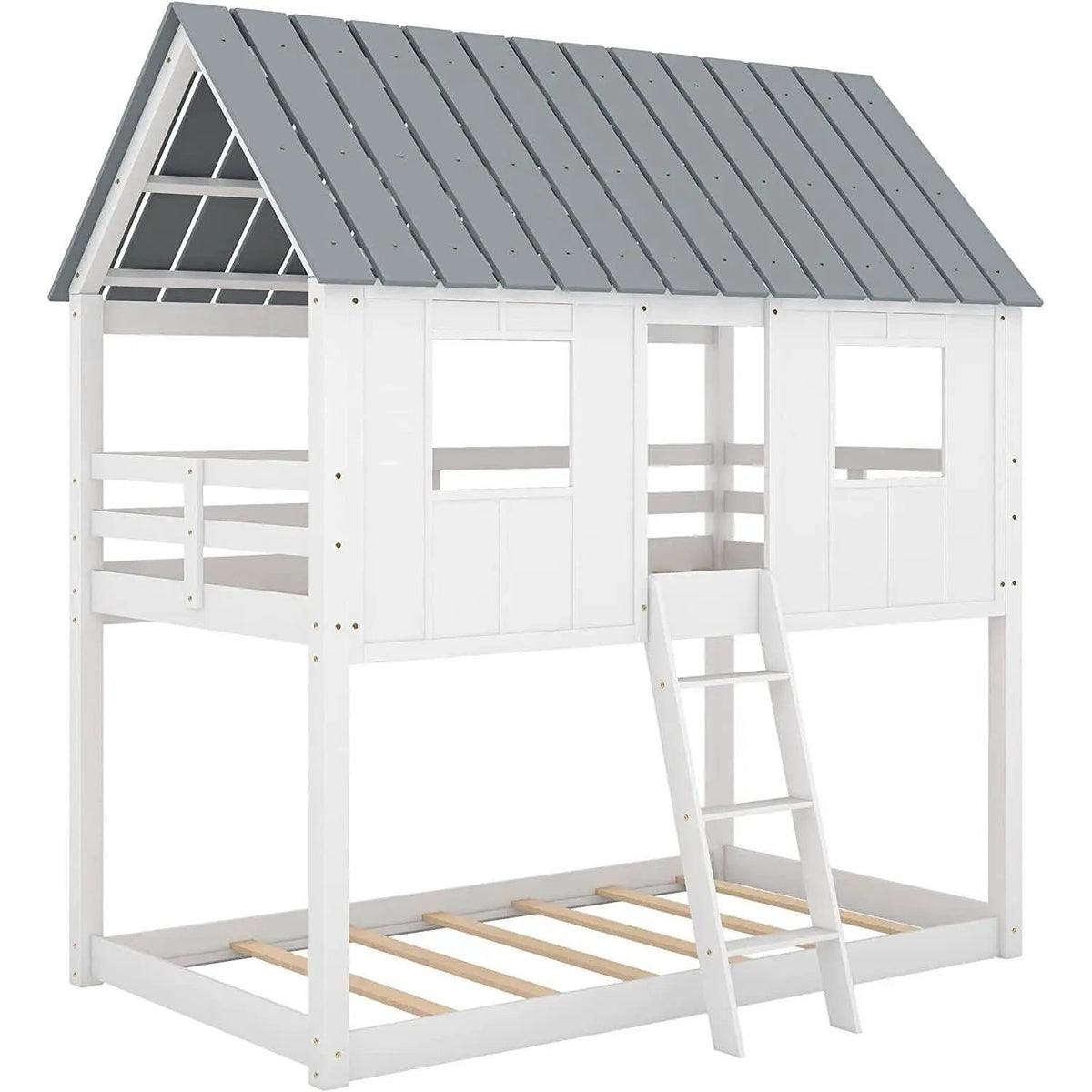 Twin House Bunk Bed With Playhouse White And Gray Finish from PriceLows™