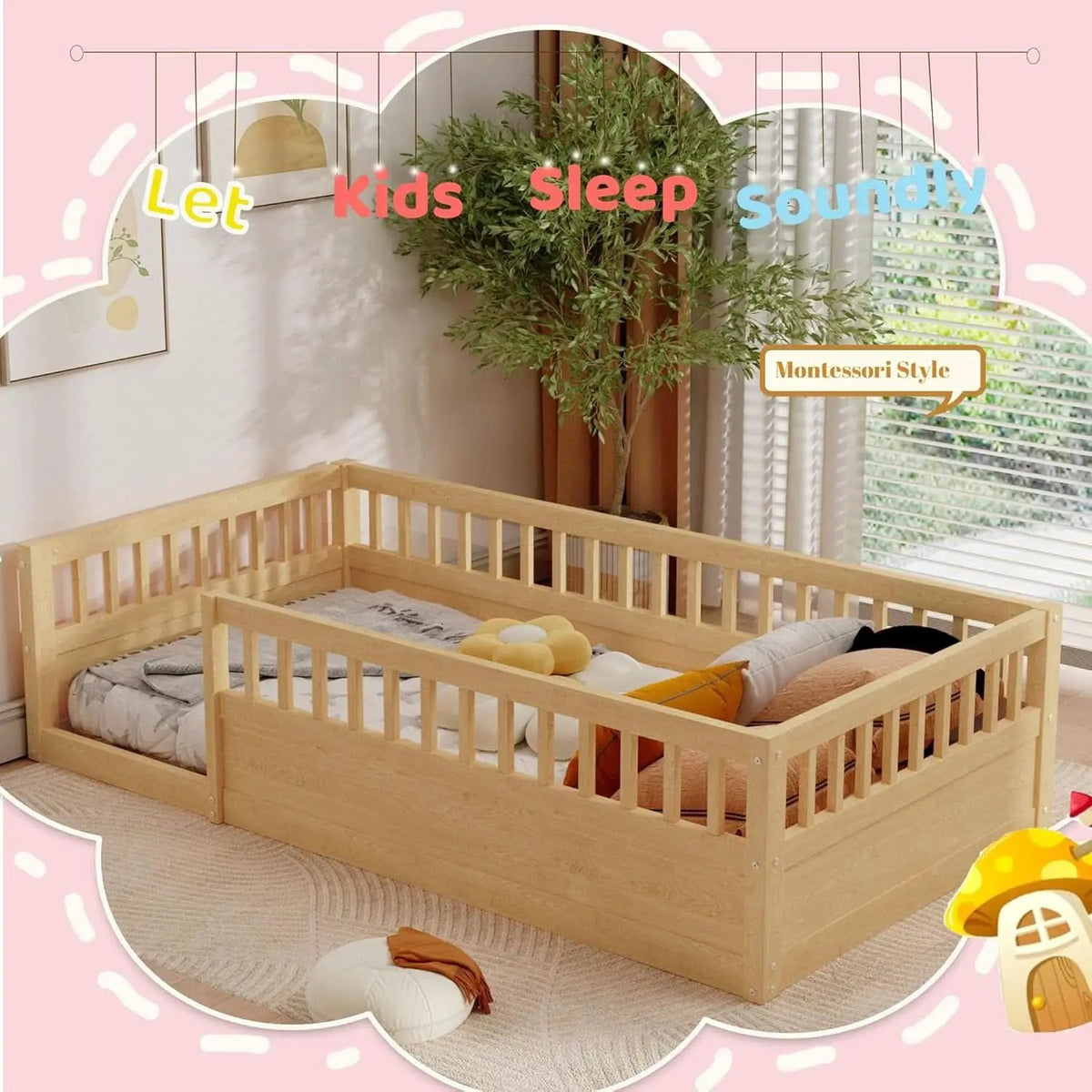 Twin Montessori Floor Bed With High Safety Rails Natural from PriceLows™