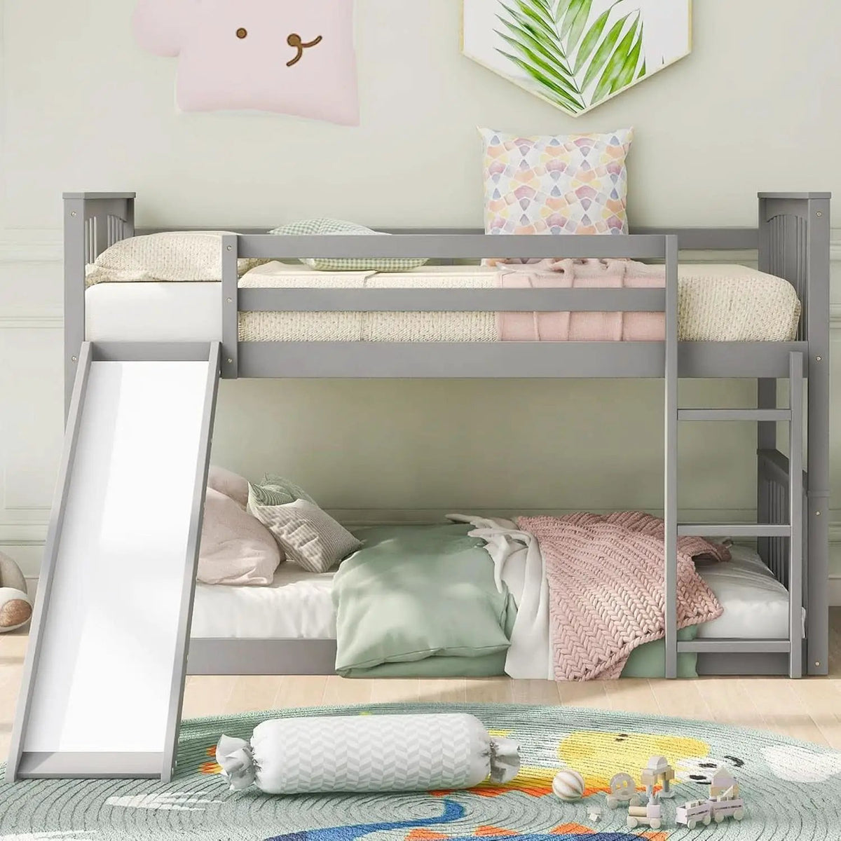Twin Over Twin Bunk Bed With Slide In Gray For Kids from PriceLows™