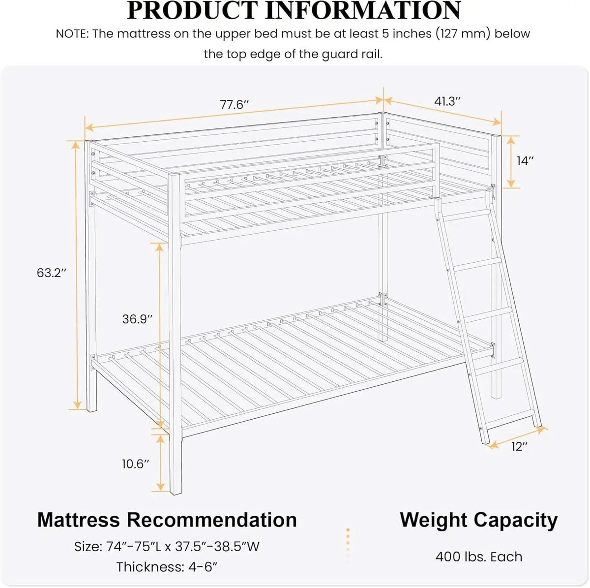 Twin Over Twin Metal Bunk Bed Black Guardrail And Ladder from PriceLows™