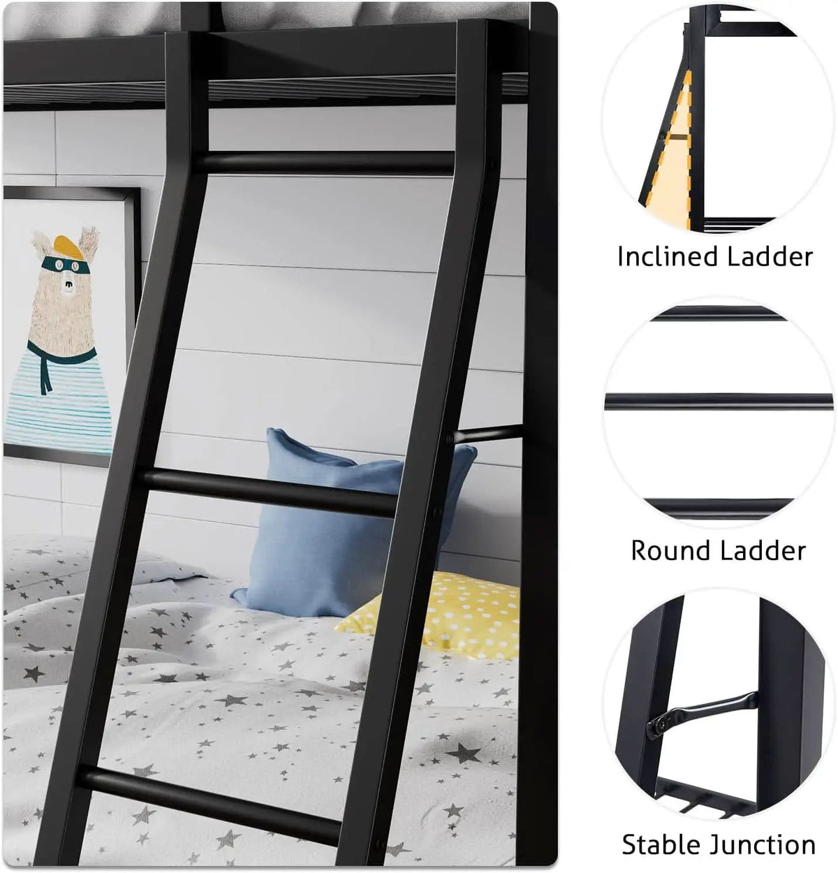 Twin Over Twin Metal Bunk Bed Black Guardrail And Ladder from PriceLows™