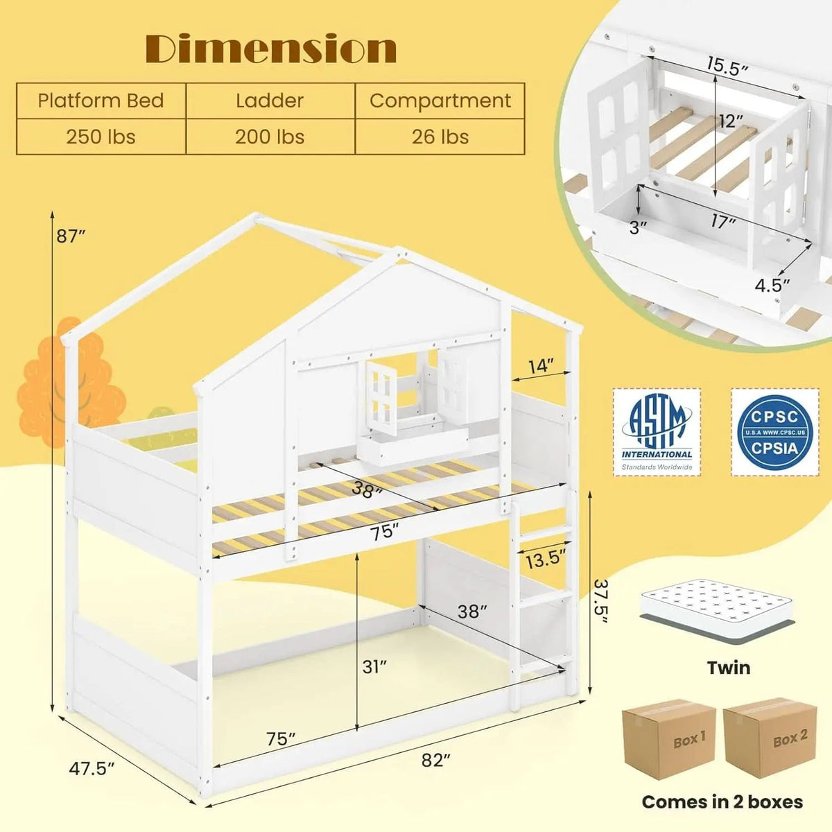 Twin Over Twin White Wood House Bunk Bed For Kids Room from PriceLows™