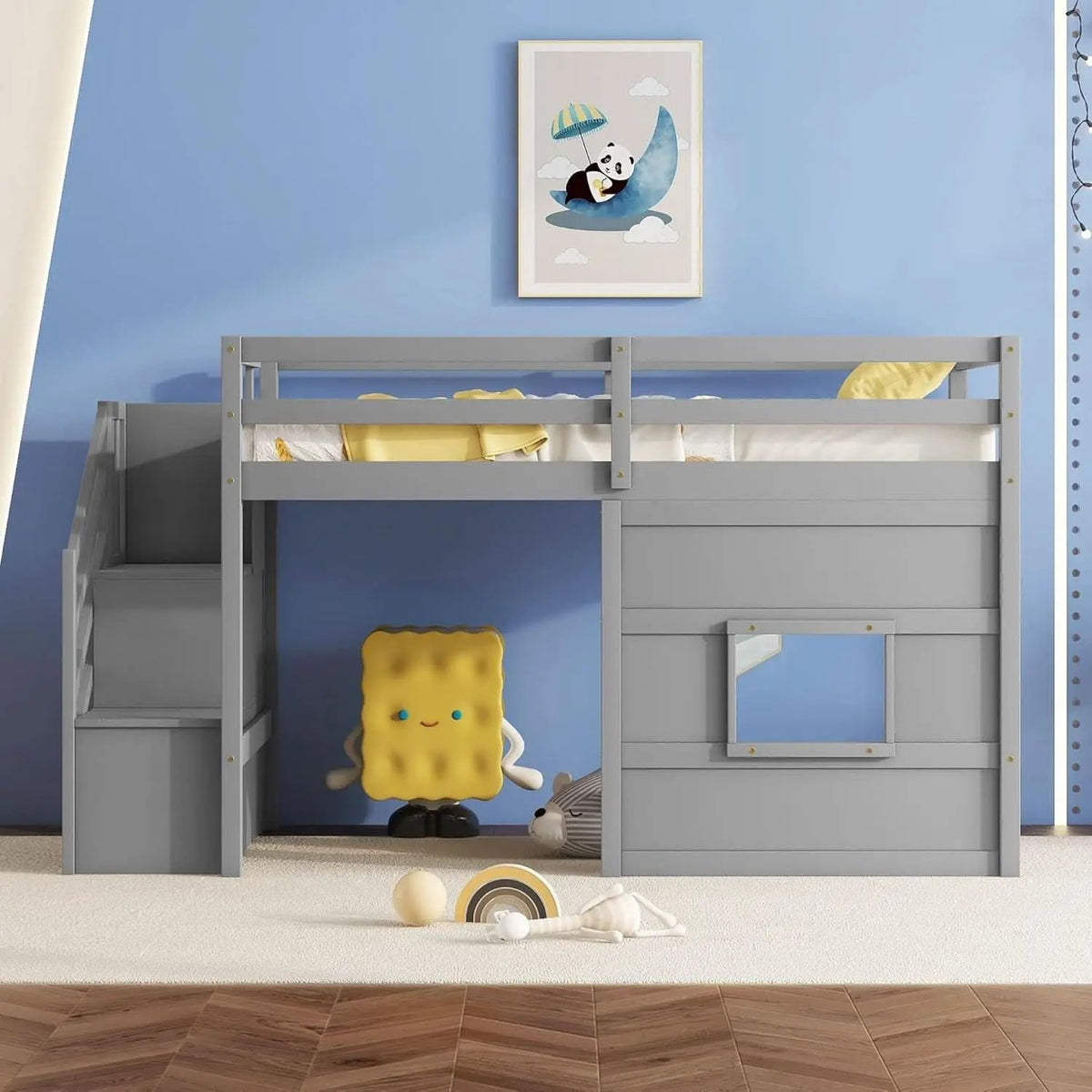Twin Size Low Loft Bed In Gray With Stairs Storage from PriceLows™