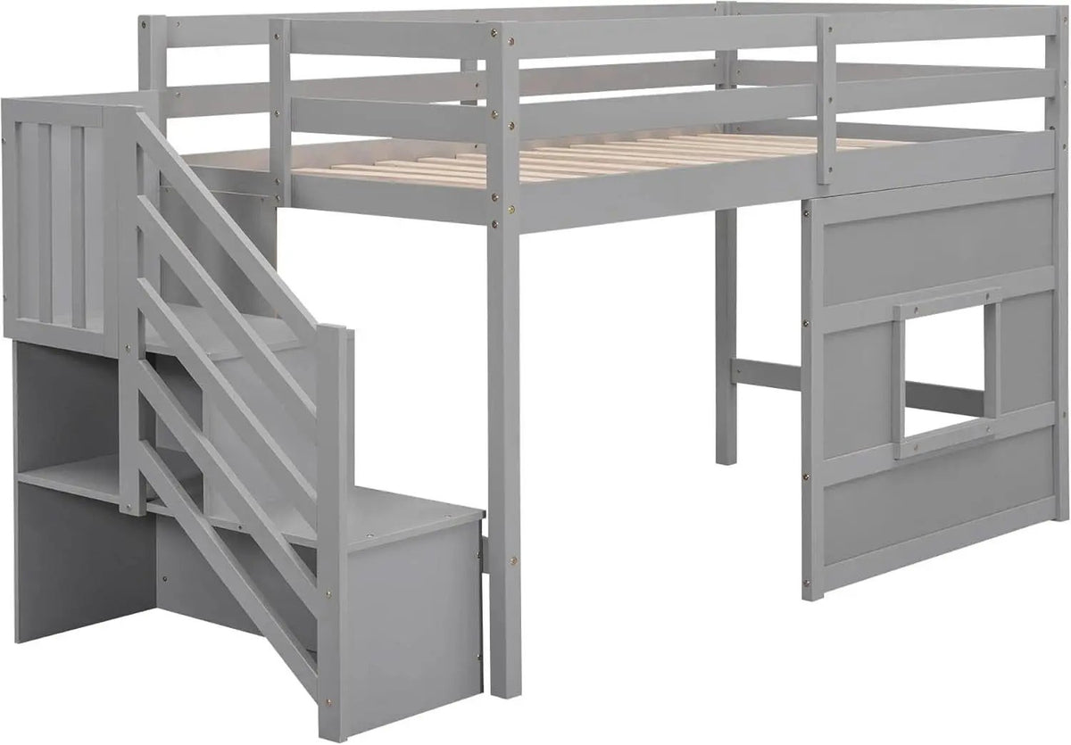 Twin Size Low Loft Bed In Gray With Stairs Storage from PriceLows™