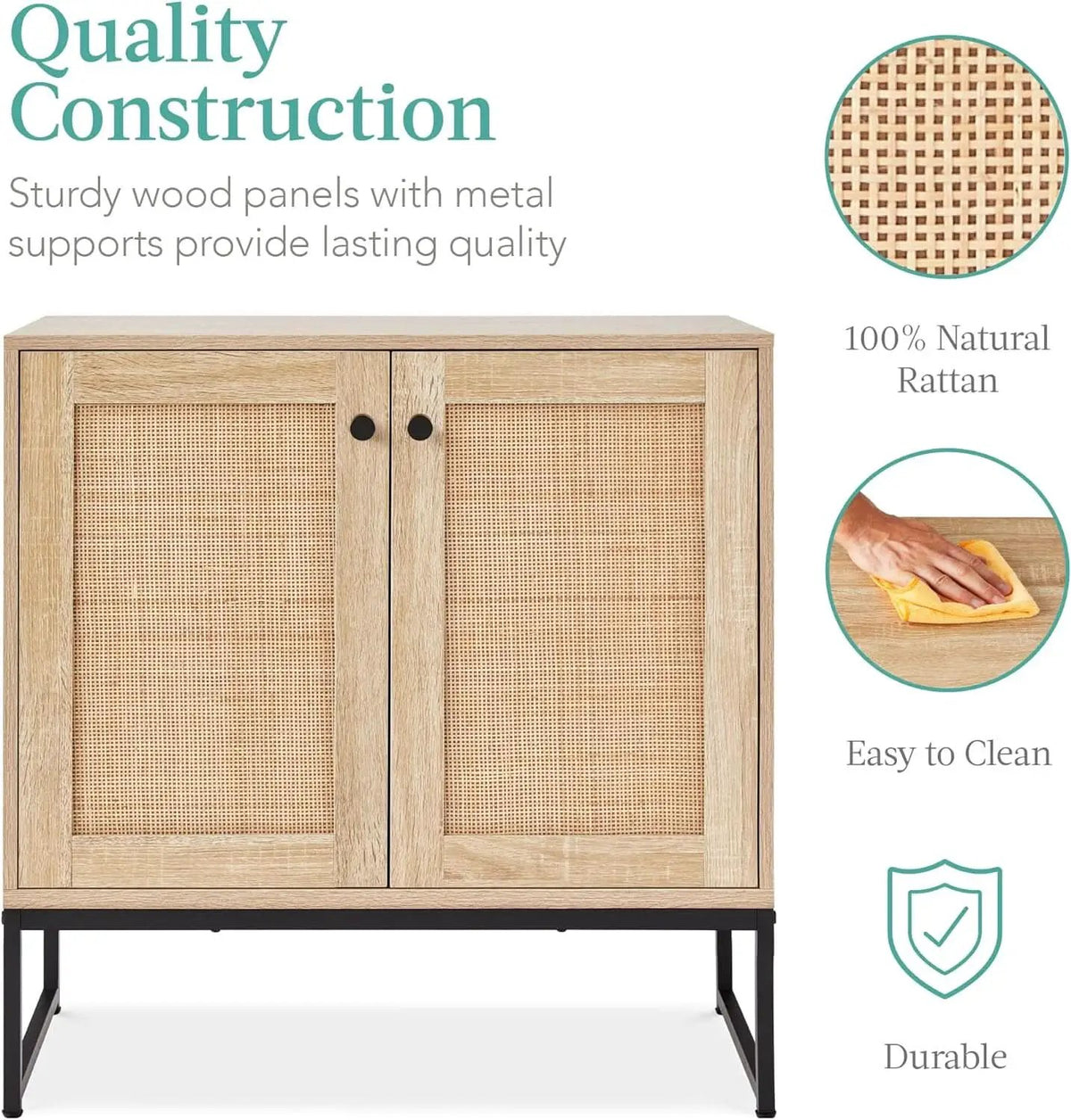 Two Door Rattan Storage Cabinet Natural Finish With Non Scratch Foot Pads For Living Room Hallway Kitchen from PriceLows™