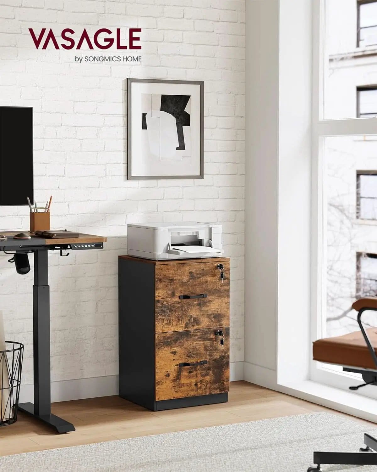 Two Drawer File Cabinet With Lock Printer Stand For A4 And Letter Size Files Rustic Brown And Black from PriceLows™
