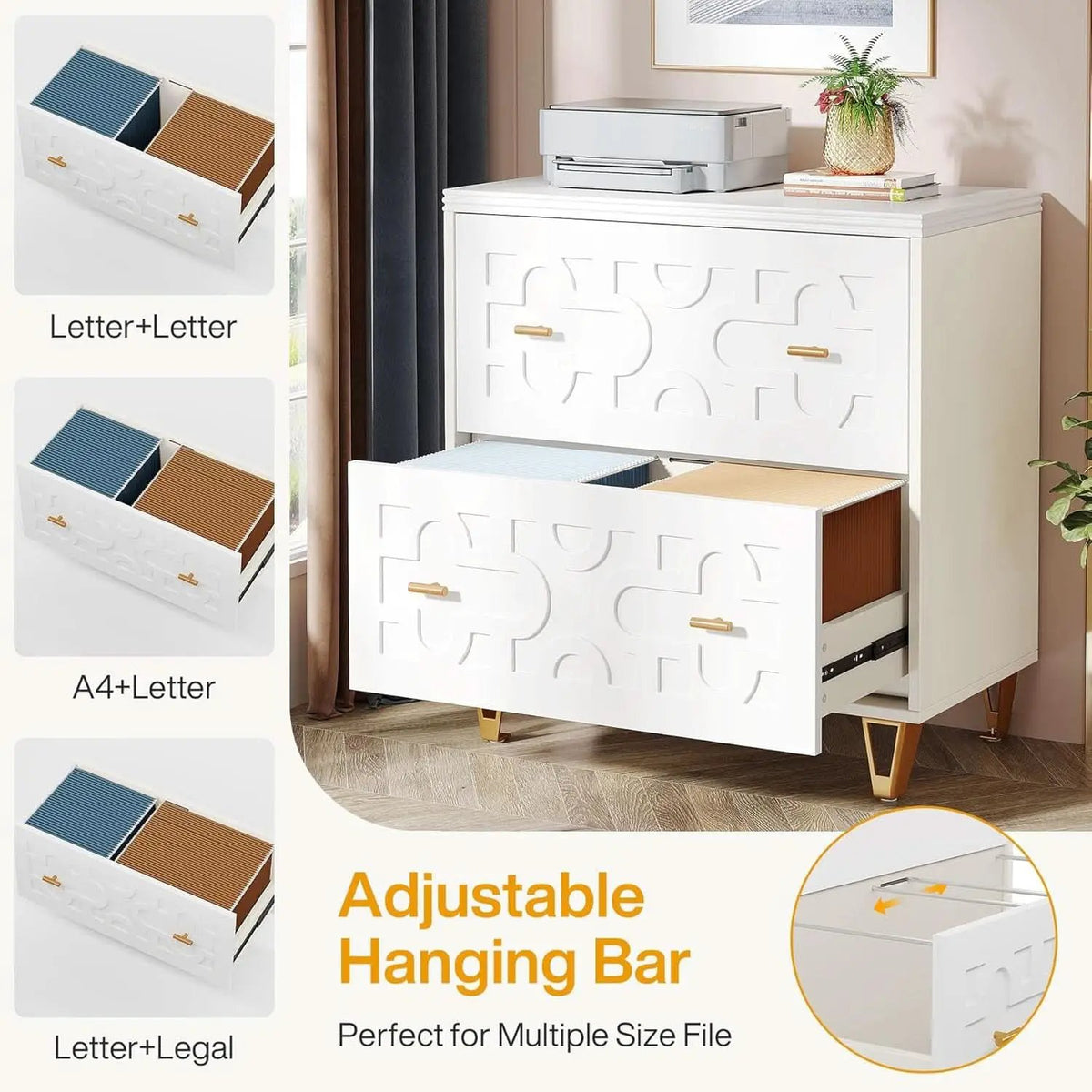 Two Drawer Lateral File Cabinet White And Gold For Legal Letter A4 Files Printer Stand Home Office from PriceLows™