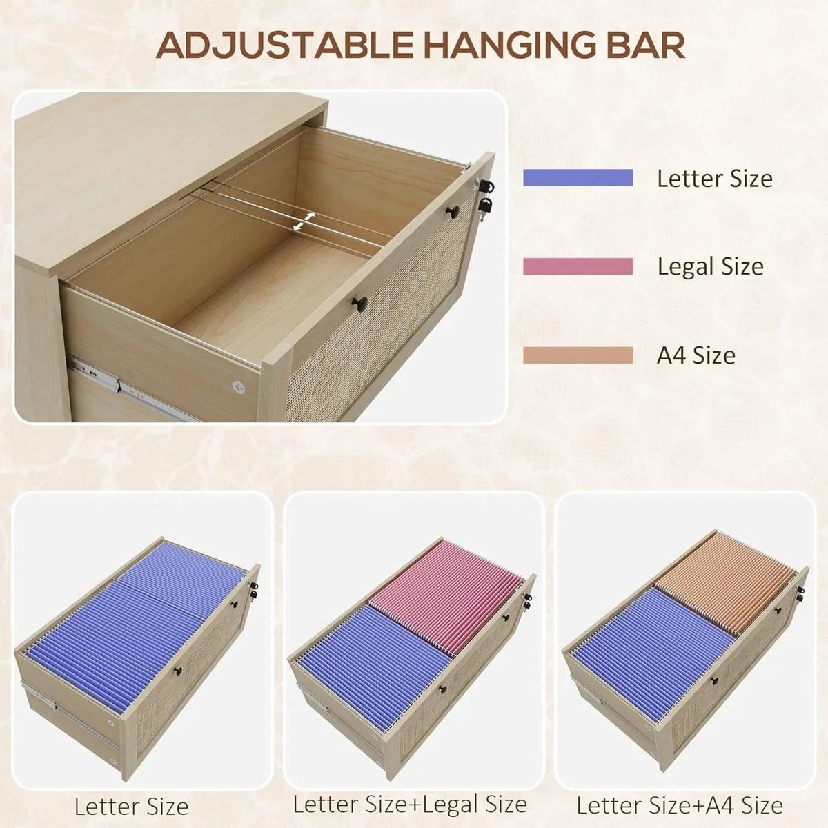 Two Drawer Rattan File Cabinet With Lock, Printer Stand And Adjustable Bars For Letter A4 Legal Files Natural Finish from PriceLows™