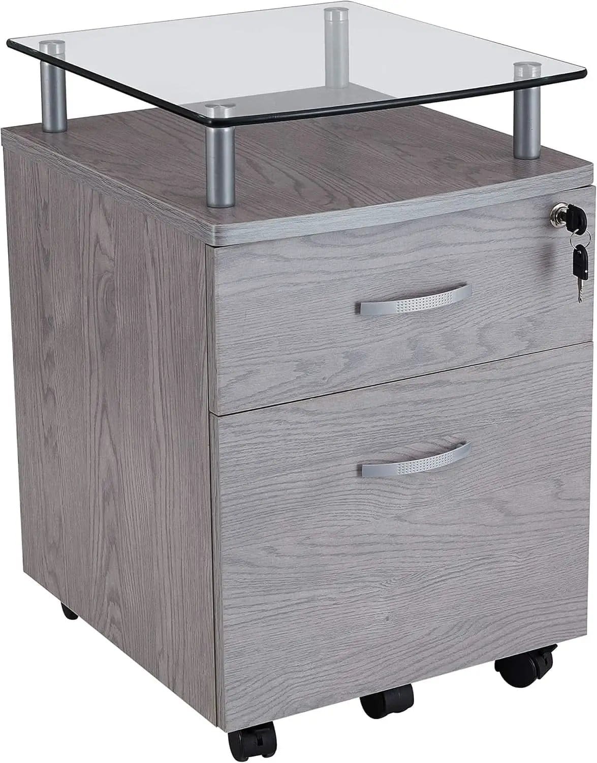 Two Drawer Rolling File Cabinet With Lock And Glass Top Under Desk Printer Stand Grey Office Furniture from PriceLows™