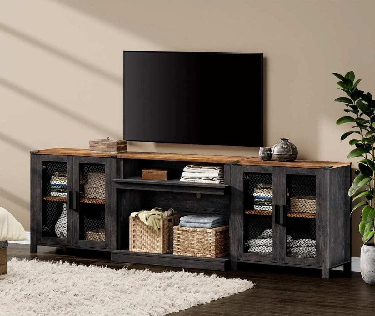 Two In One 100 Inch TV Stand Farmhouse Entertainment Center Dark Walnut And Black from PriceLows™