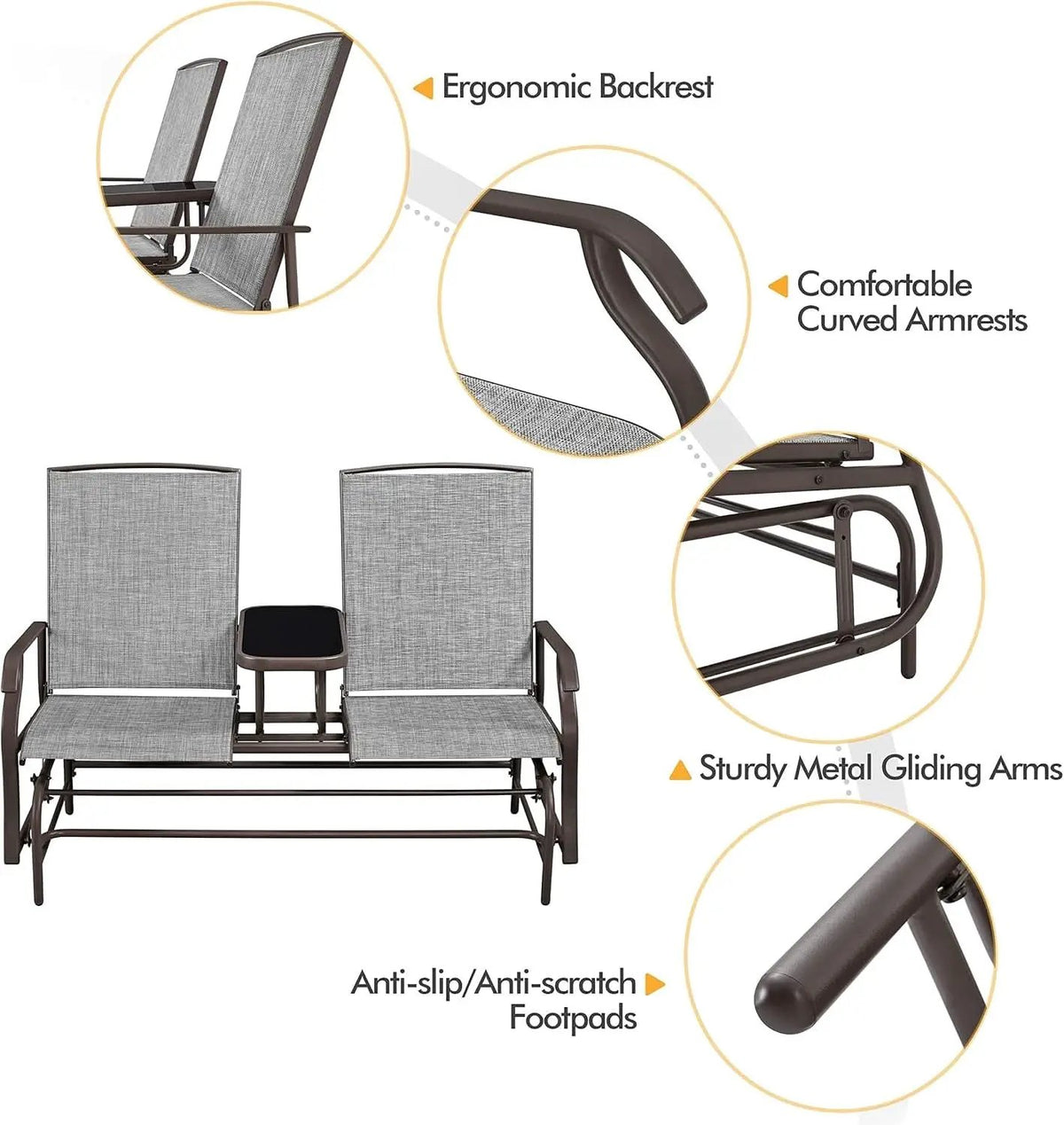 Two-Seat Outdoor Glider Bench with Center Table from PriceLows™