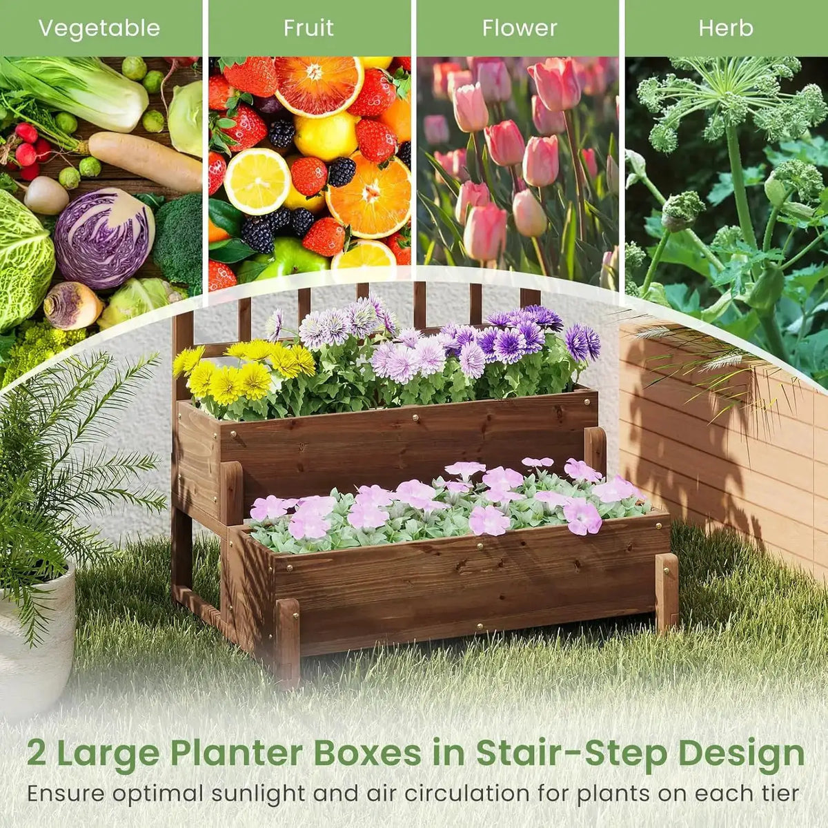 Outdoor Raised Garden Bed, Garden Planter Box with Lattice Trellis, Legs & Drainage Hole, 2-Tier Standing Elevated Plant from PriceLows™