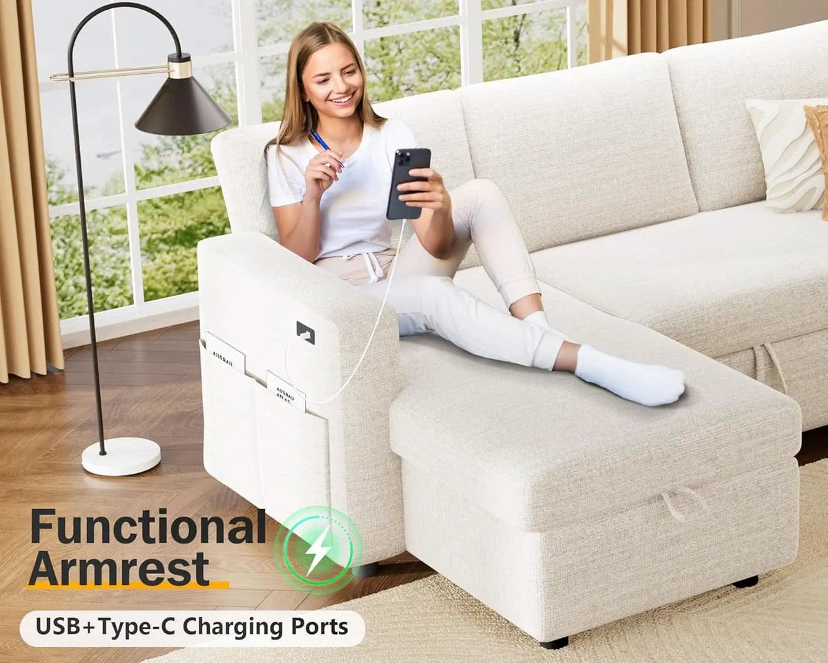 105Inch UShaped SectionalSofa With Pullout Bed Beige from PriceLows™