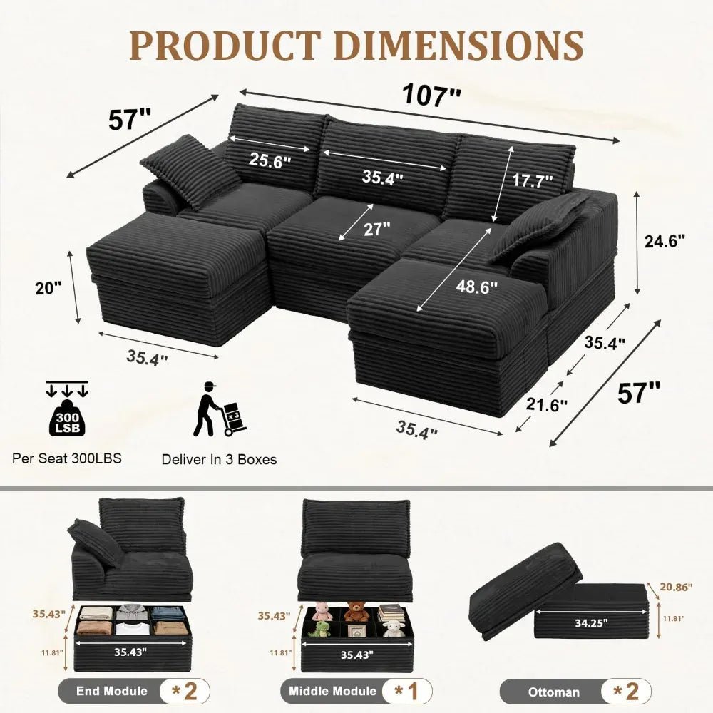 Upgrade Boneless Couch with Storage, Extra Deep&High Seat Sectional Sofa 3 Seater U Shaped Cloud Couch with Ottoman, ，Customized from PriceLows™