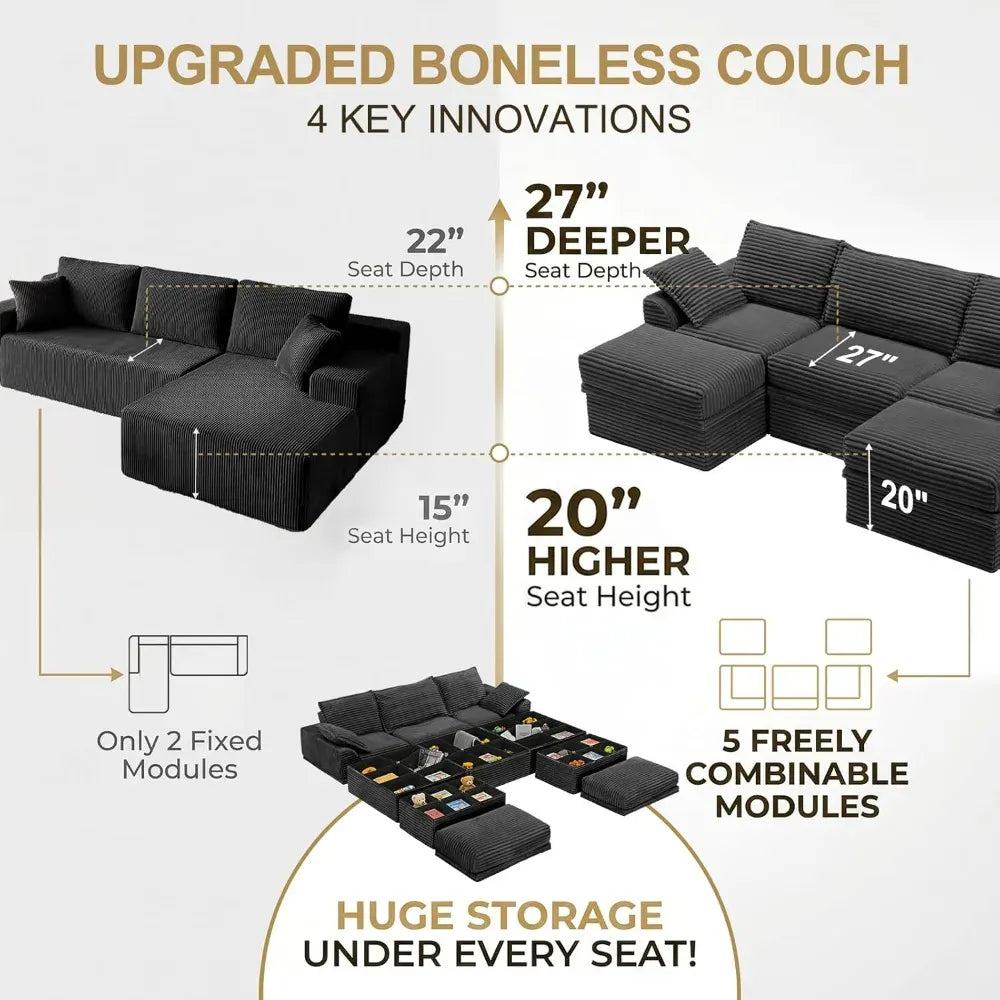 Upgrade Boneless Couch with Storage, Extra Deep&High Seat Sectional Sofa 3 Seater U Shaped Cloud Couch with Ottoman, ，Customized from PriceLows™