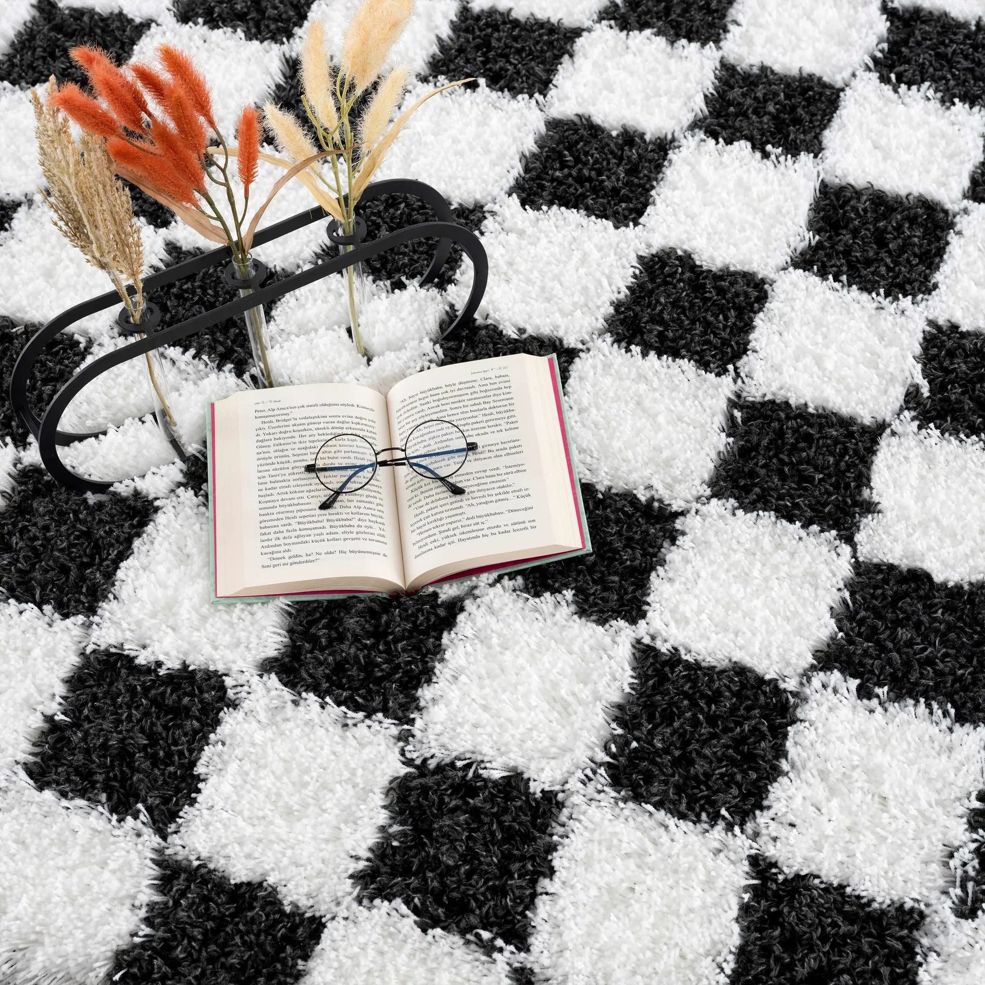 Atira Black & White Checkered Area Rug from PriceLows™