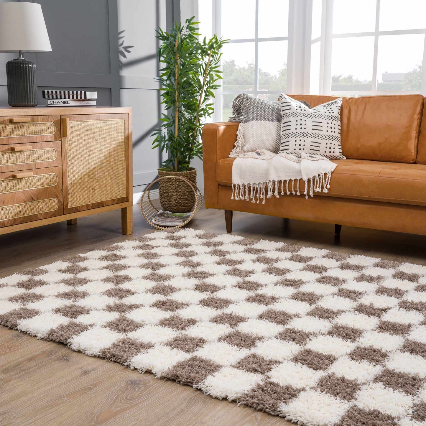 Atira Brown Checkered Area Rug from PriceLows™
