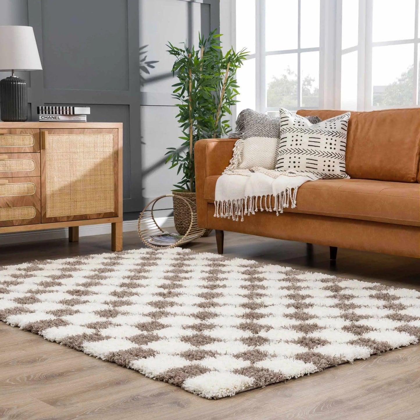 Atira Brown Checkered Area Rug from PriceLows™