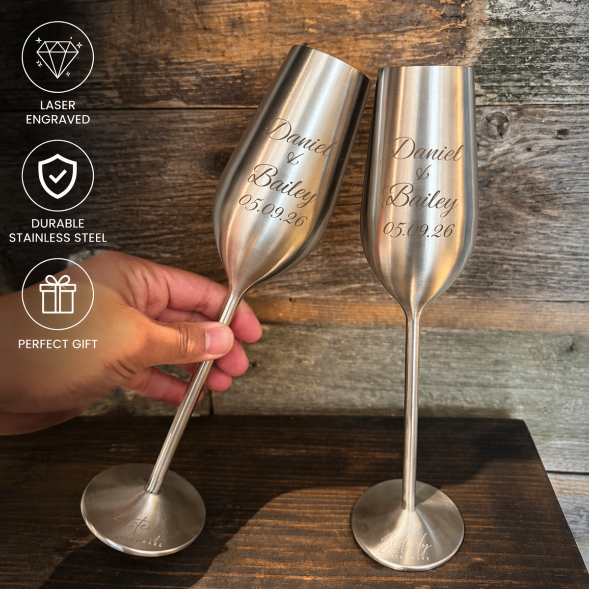 Personalized Champagne Flutes | Engraved Silver | Set Of Two | 7.5 Oz