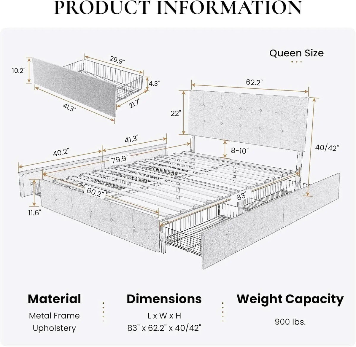 Upholstered Queen Platform Bed Frame With 4 Storage Drawers from PriceLows™