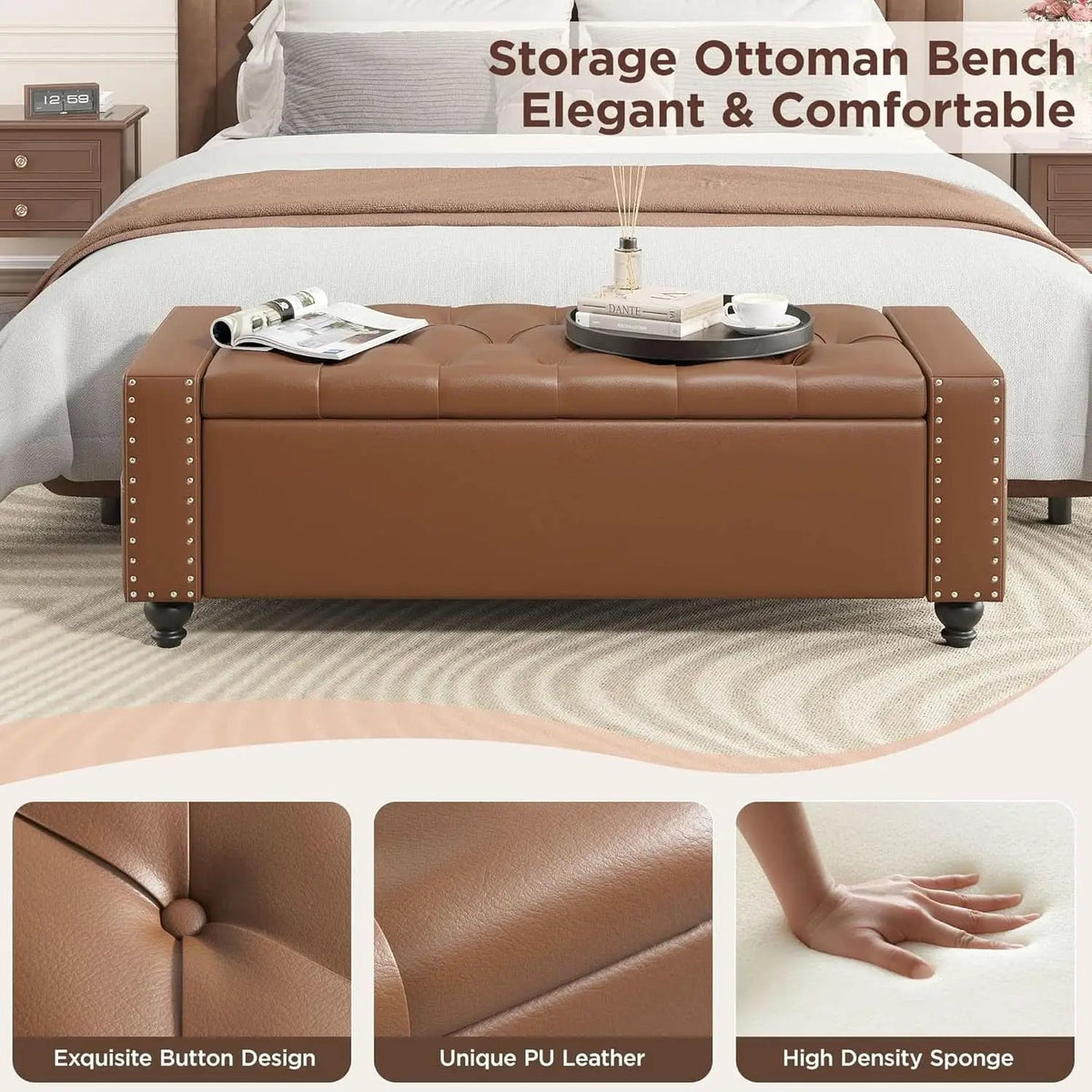 49 Inch Upholstered Storage Ottoman Bench Espresso Brown from PriceLows™