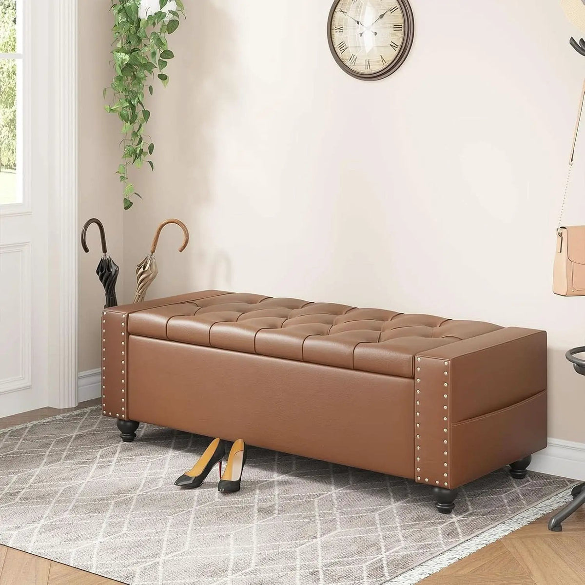 49 Inch Upholstered Storage Ottoman Bench Espresso Brown from PriceLows™