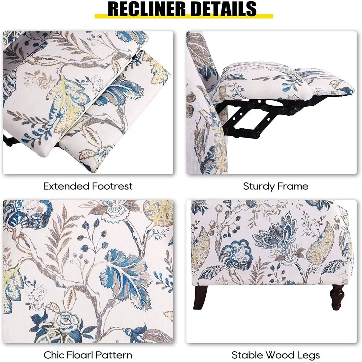 Upholstered Wingback Recliner Chair Blue Floral Elegant from PriceLows™