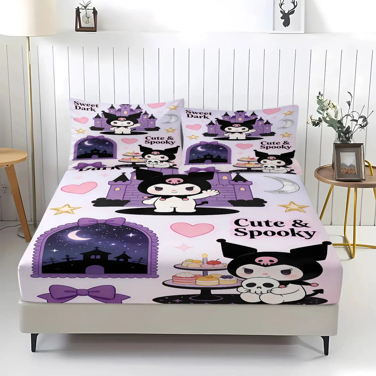 Sanrio Kuromi Magical Castle Fitted Sheet Set Cute Dark Anime Bed Sheet Pillowcases Girl Bedroom Soft Cartoon Mattress Protector from PriceLows™