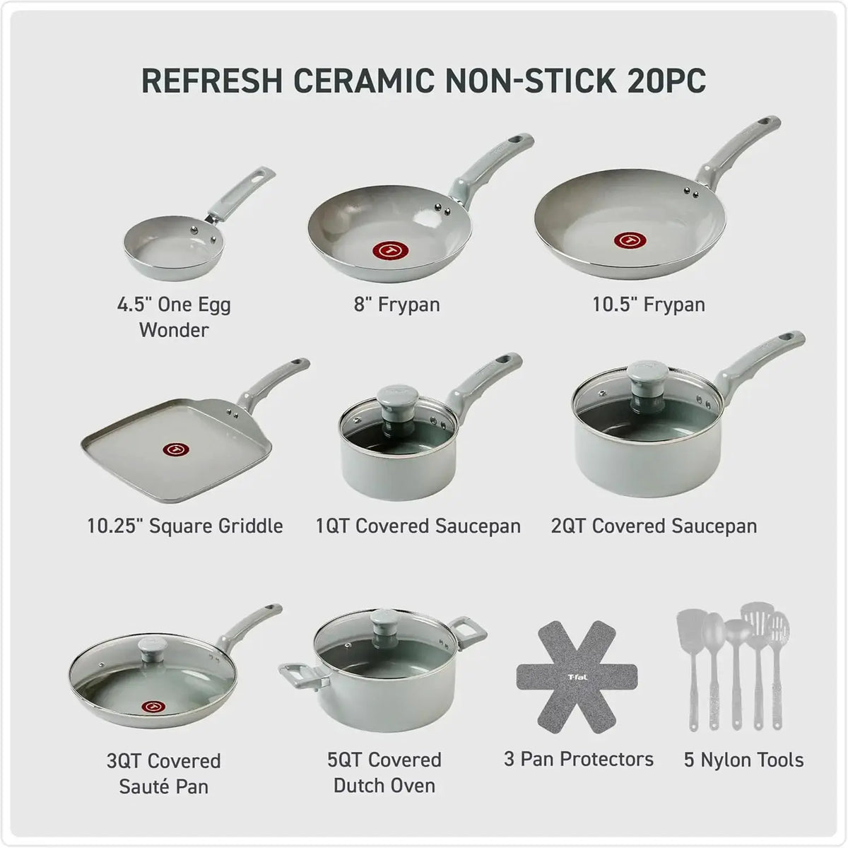 20-Piece Ceramic Nonstick Cookware Set, Pots and Pans with Stockpot, Griddle, Frypans, Utensils, Moon Grey from PriceLows™