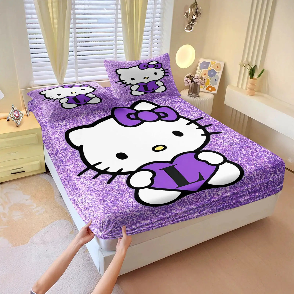 3Pcs Hello Kitty Fitted Sheet Set Purple Glitter Print with Pillowcases Cute Cartoon Fitted Sheet Set for Girls Bedroom Decor from PriceLows™