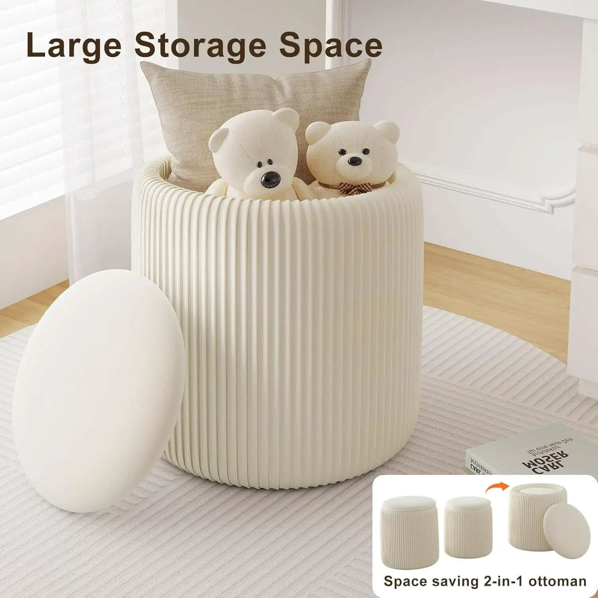 White Velvet Upholstered Storage Ottoman Vanity Set from PriceLows™