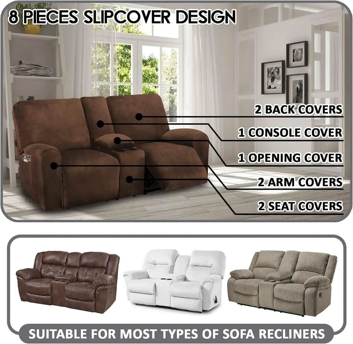 Velvet 8-Piece Reclining Loveseat Cover In Chocolate from PriceLows™
