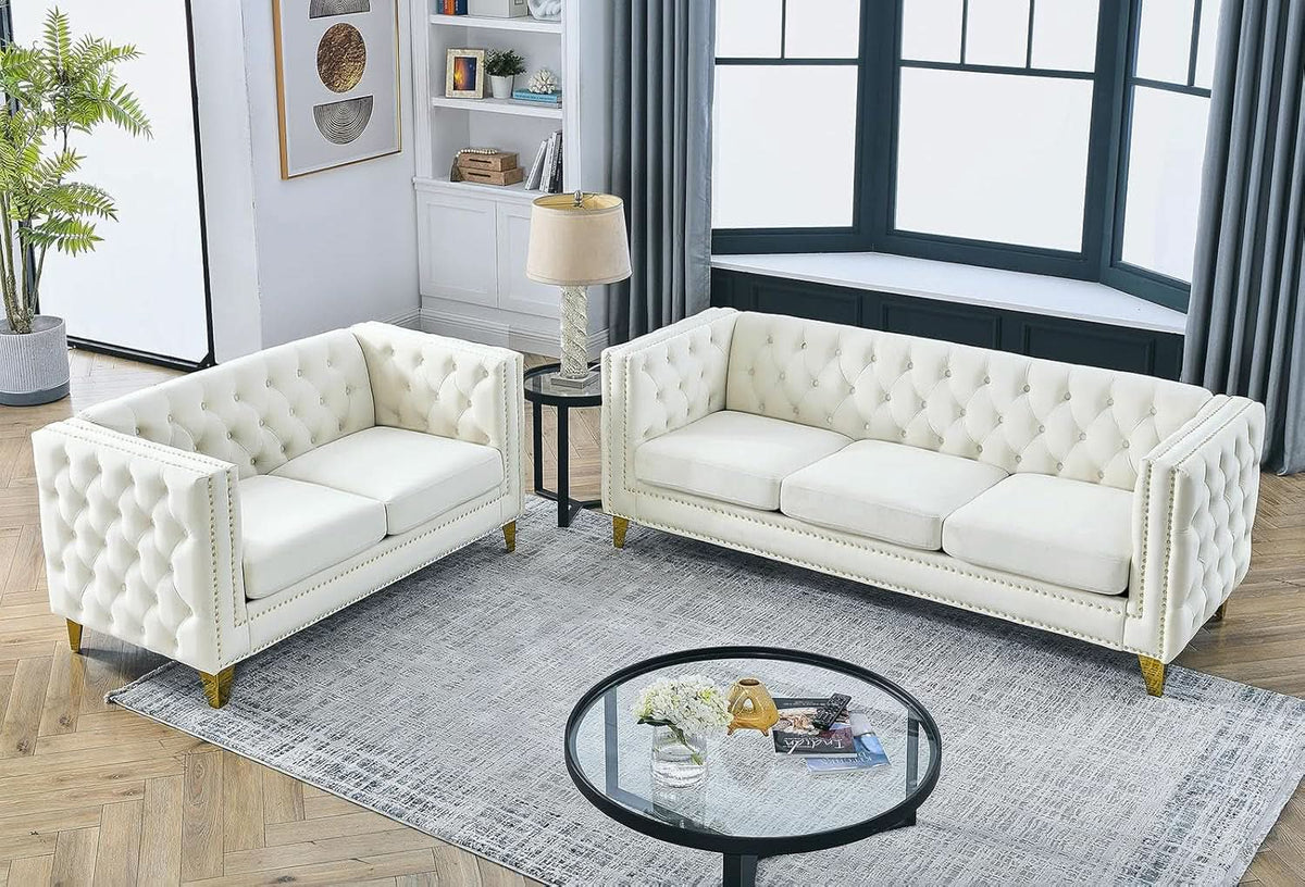 Velvet Beige 80-Inch Sofa Set With 58-Inch Loveseat And Gold Nail Heads from PriceLows™