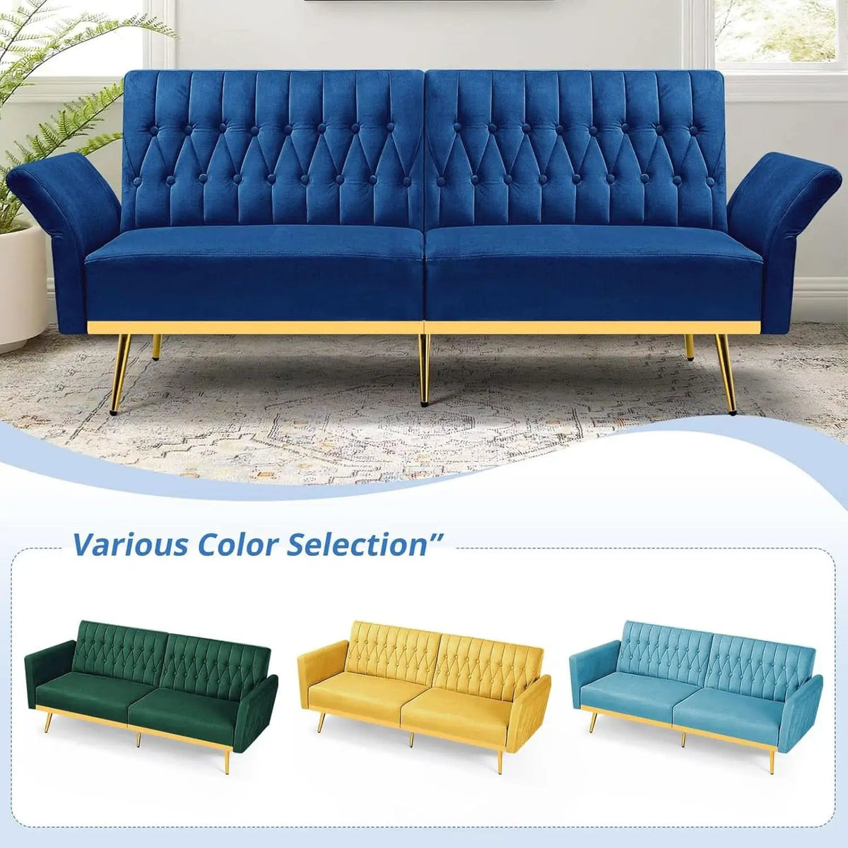 Velvet Futon Sofa Set Two Piece With Convertible Sofa Bed And Tufted Accent Chair In Blue from PriceLows™