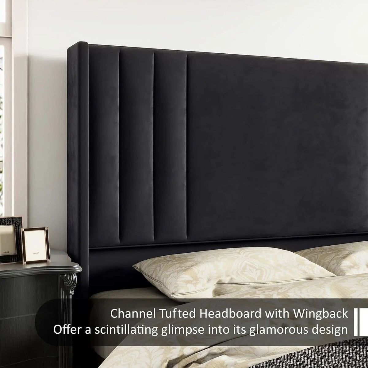 Velvet Queen Platform Bed Frame With Tufted Black Headboard from PriceLows™